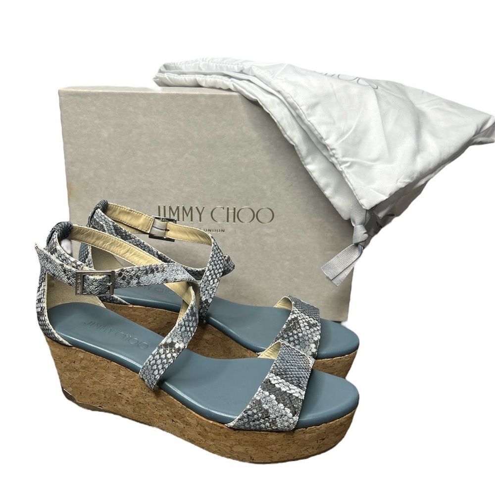 Jimmy Choo Portia Snake Embossed Cork Wedge Sandals Platform Designer Size 37.5